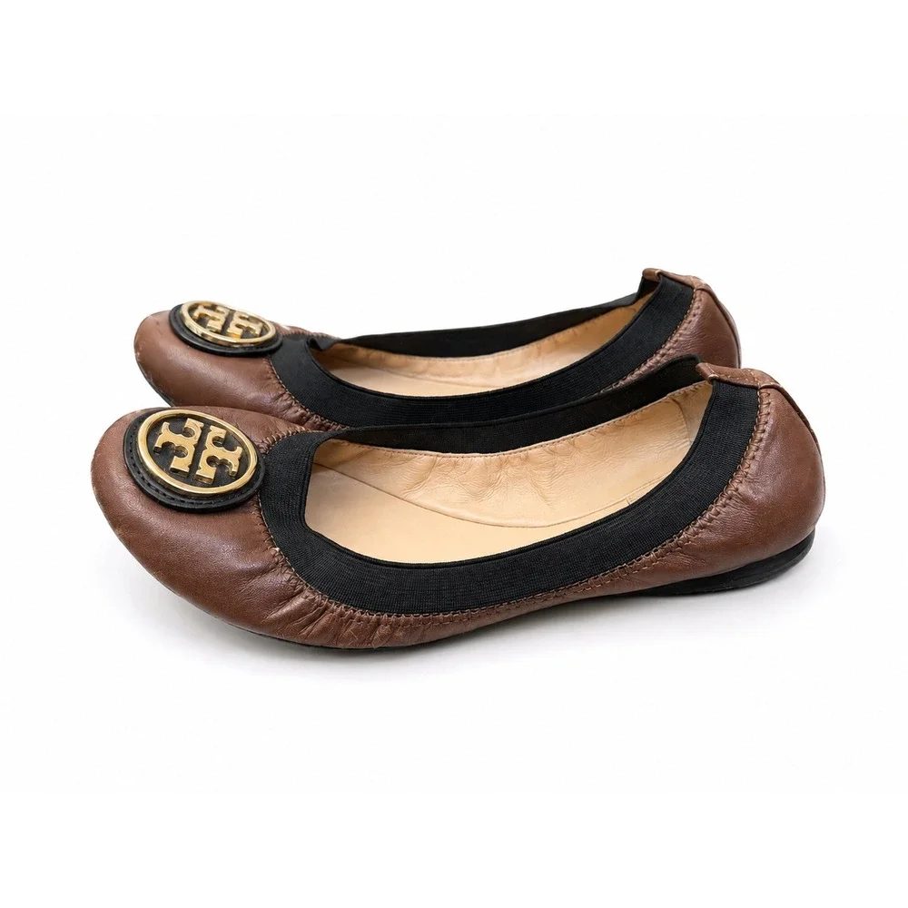 Tory Burch Caroline 2 Leather Ballet Flats Java Brown Black Size 6 Gold Logo